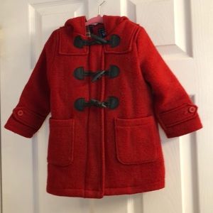 Little girl’s red hooded toggle jacket/coat 2t